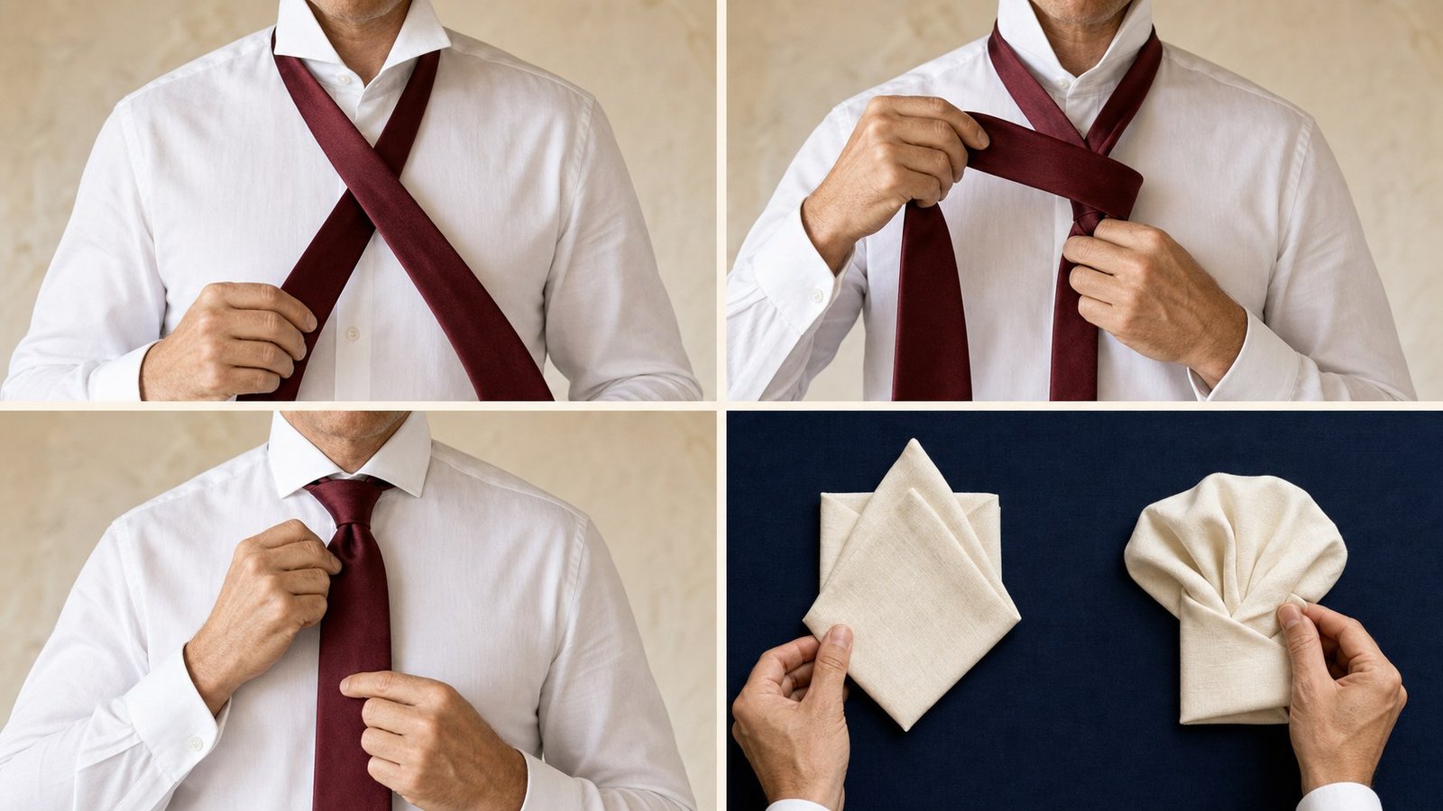 Four photographic panels demonstrating a restrained tie knot sequence and two pocket-square folds