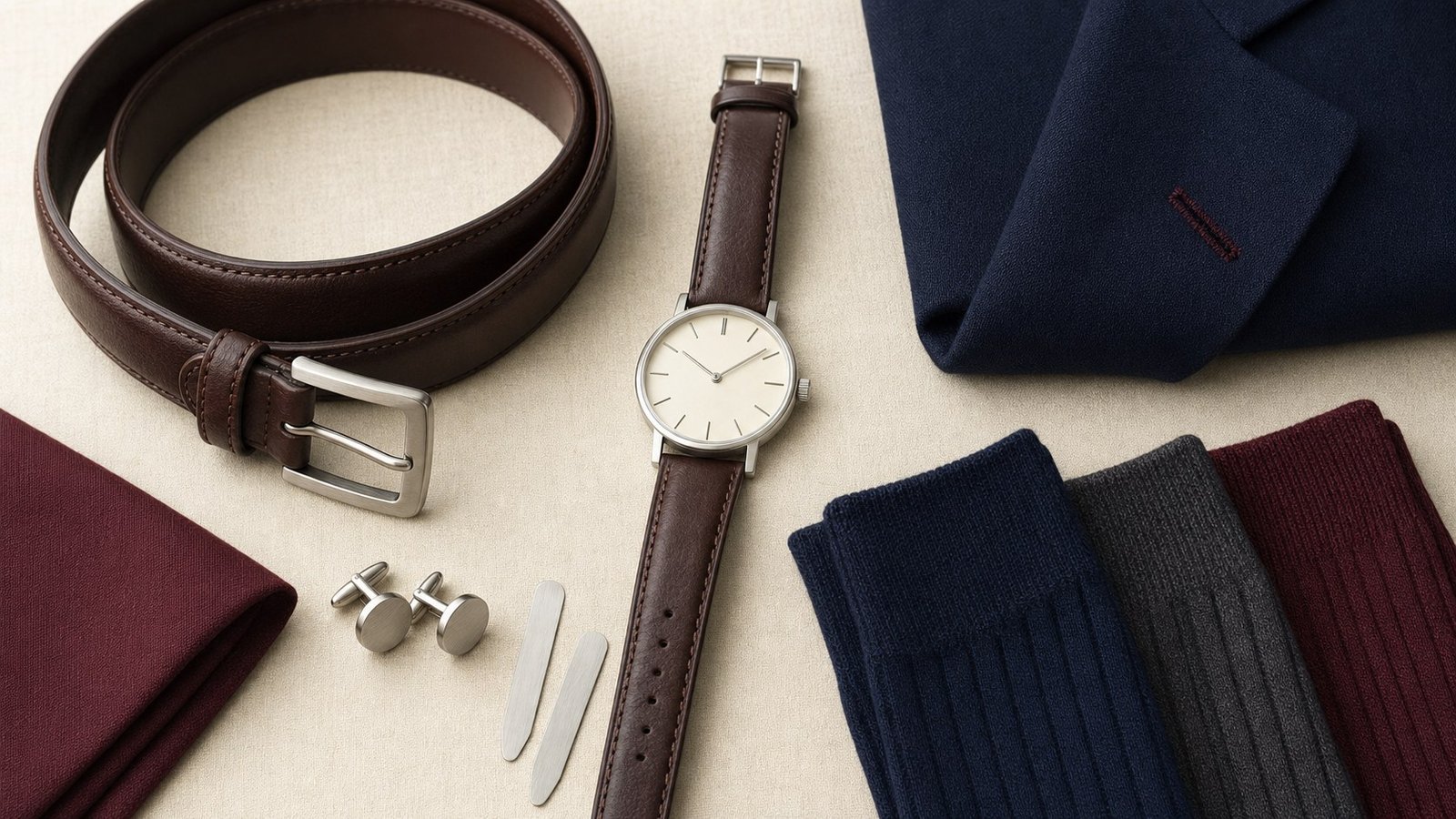 Unbranded dress watch, belt buckle, cufflinks and collar stays compared in a restrained metal and leather palette