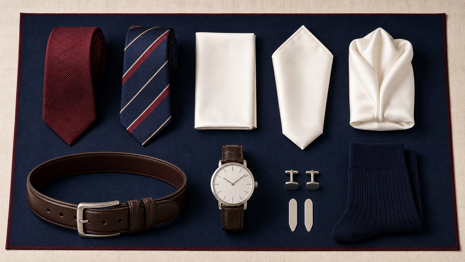 Ties, pocket-square folds, belt, watch, cufflinks, collar stays and dress socks arranged on an ivory surface