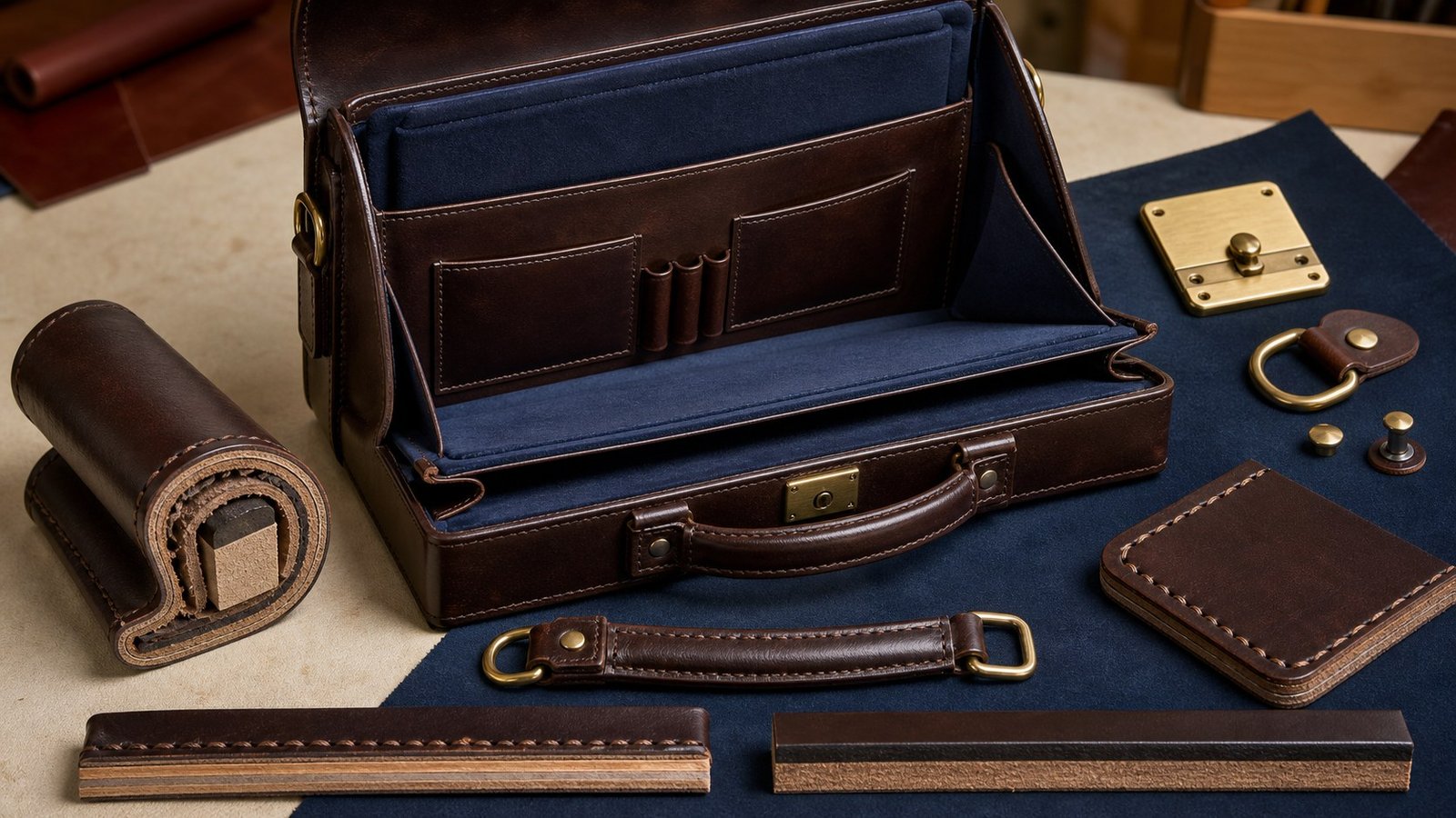 Open leather briefcase showing lining, pockets, stitched edges, reinforced handles, brass hardware and leather cross-sections