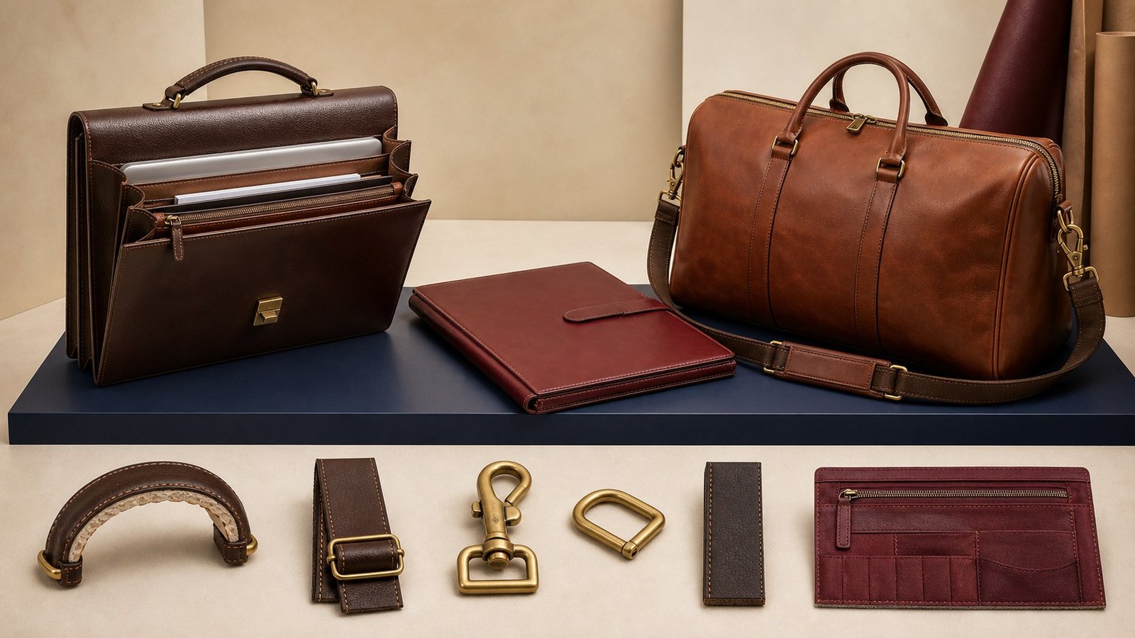 Structured leather briefcase, portfolio and travel bag with handles, straps and hardware visible