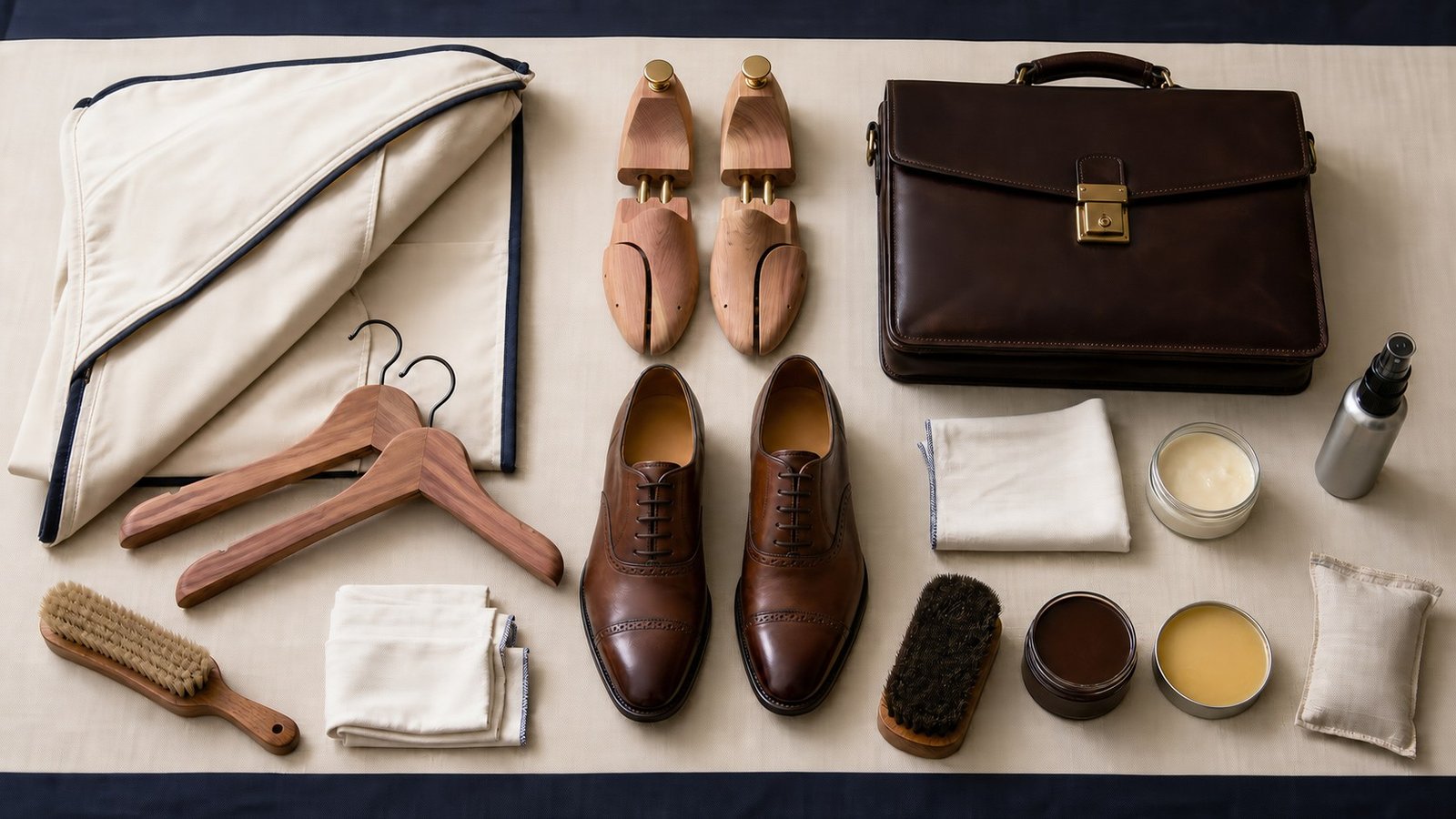 Garment brush, wooden hangers, shoe trees, cloths and leather-care products arranged by purpose