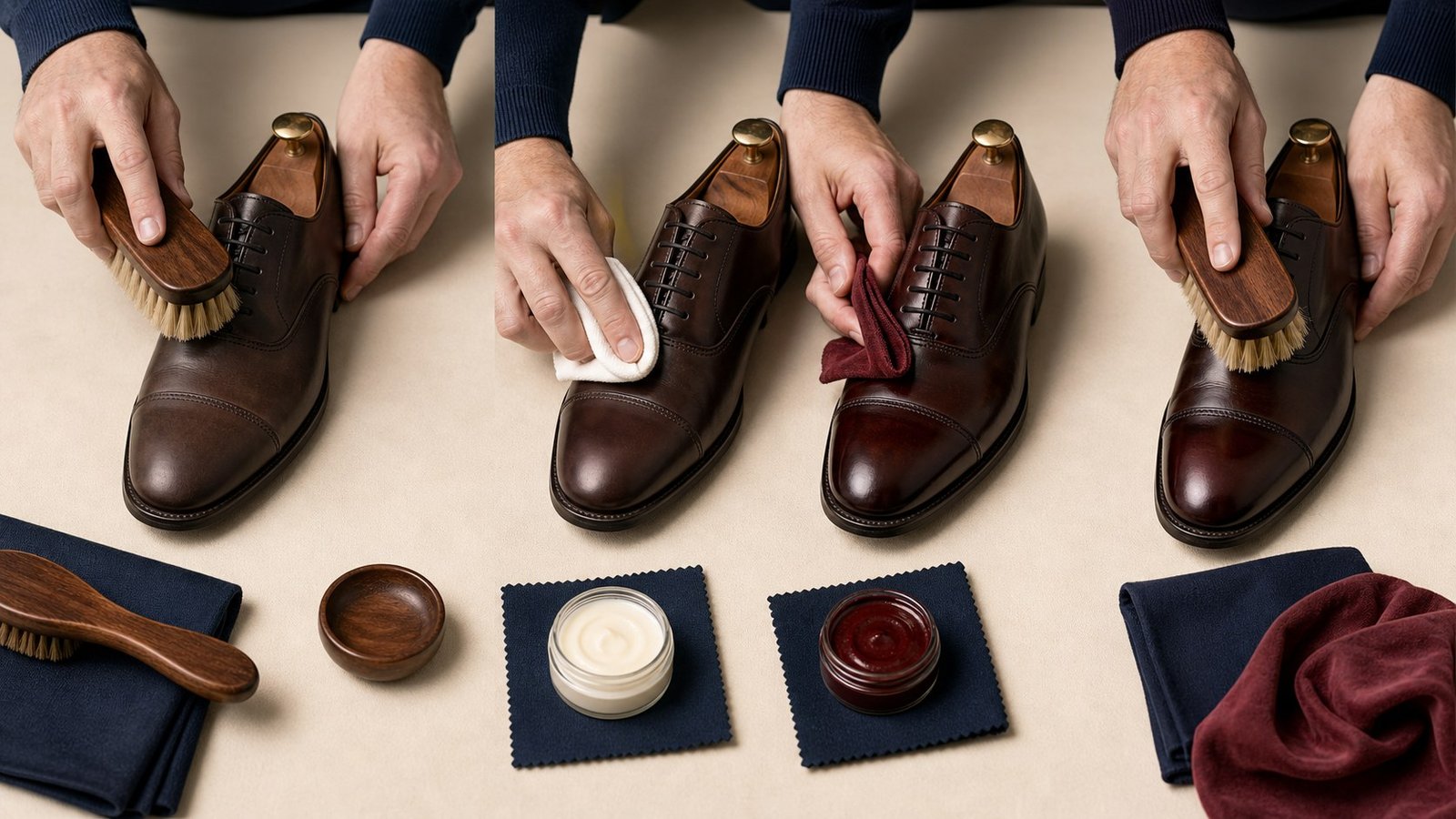 Four-stage sequence for brushing, conditioning, waxing and buffing a smooth leather Oxford shoe