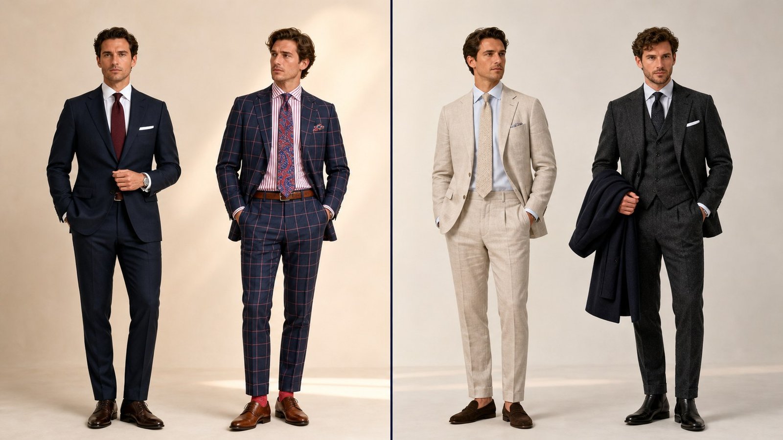 Side-by-side professional outfits comparing coherent coordination with excessive pattern and warm-climate with cool-climate materials