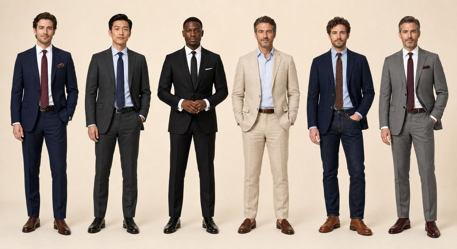 Six complete menswear combinations showing navy, charcoal, black, beige and dark denim with coordinated shoes and accessories