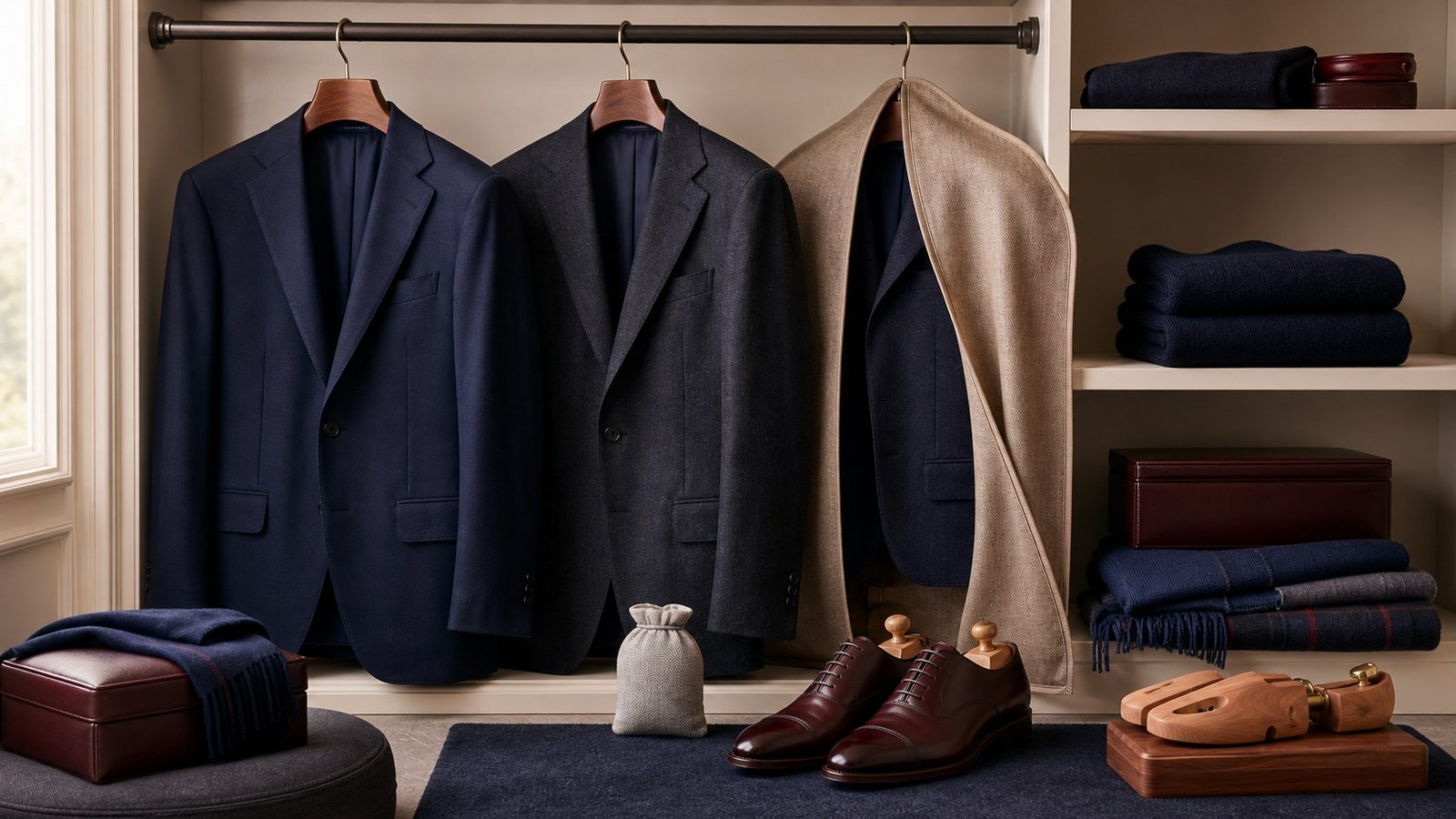 Suit on a broad wooden hanger beside a breathable garment cover and cedar shoe trees