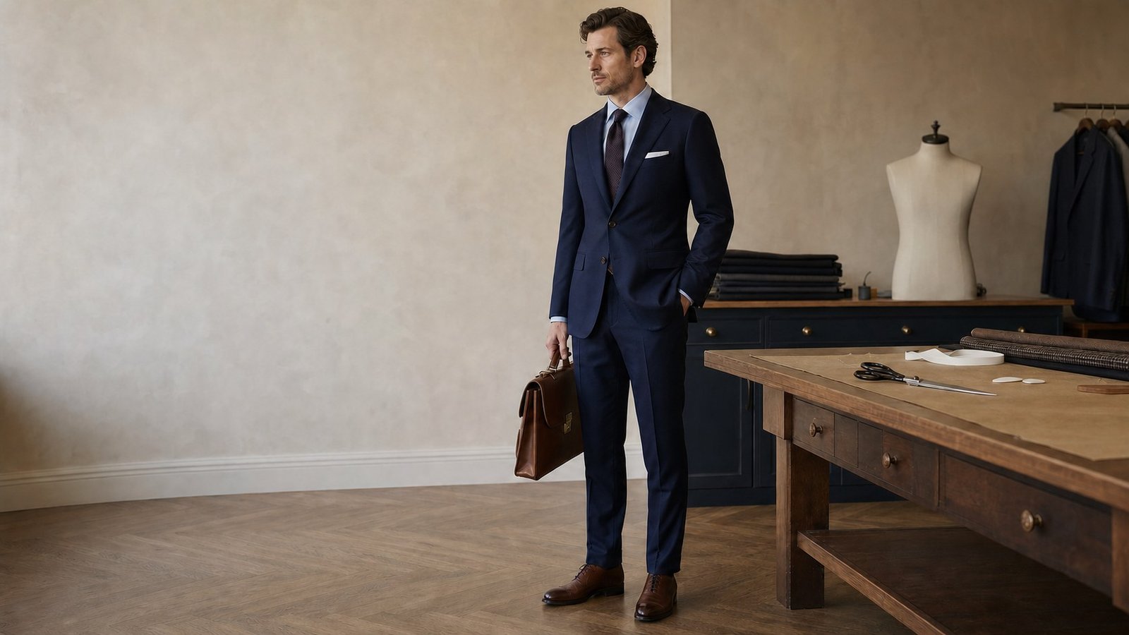 A gentleman in a navy bespoke suit with brown Oxford shoes and a leather briefcase in a tailor’s atelier