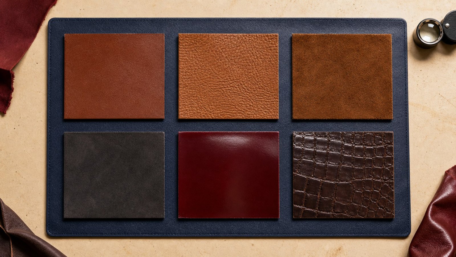 Leather grain and finish samples used to identify artisan terms
