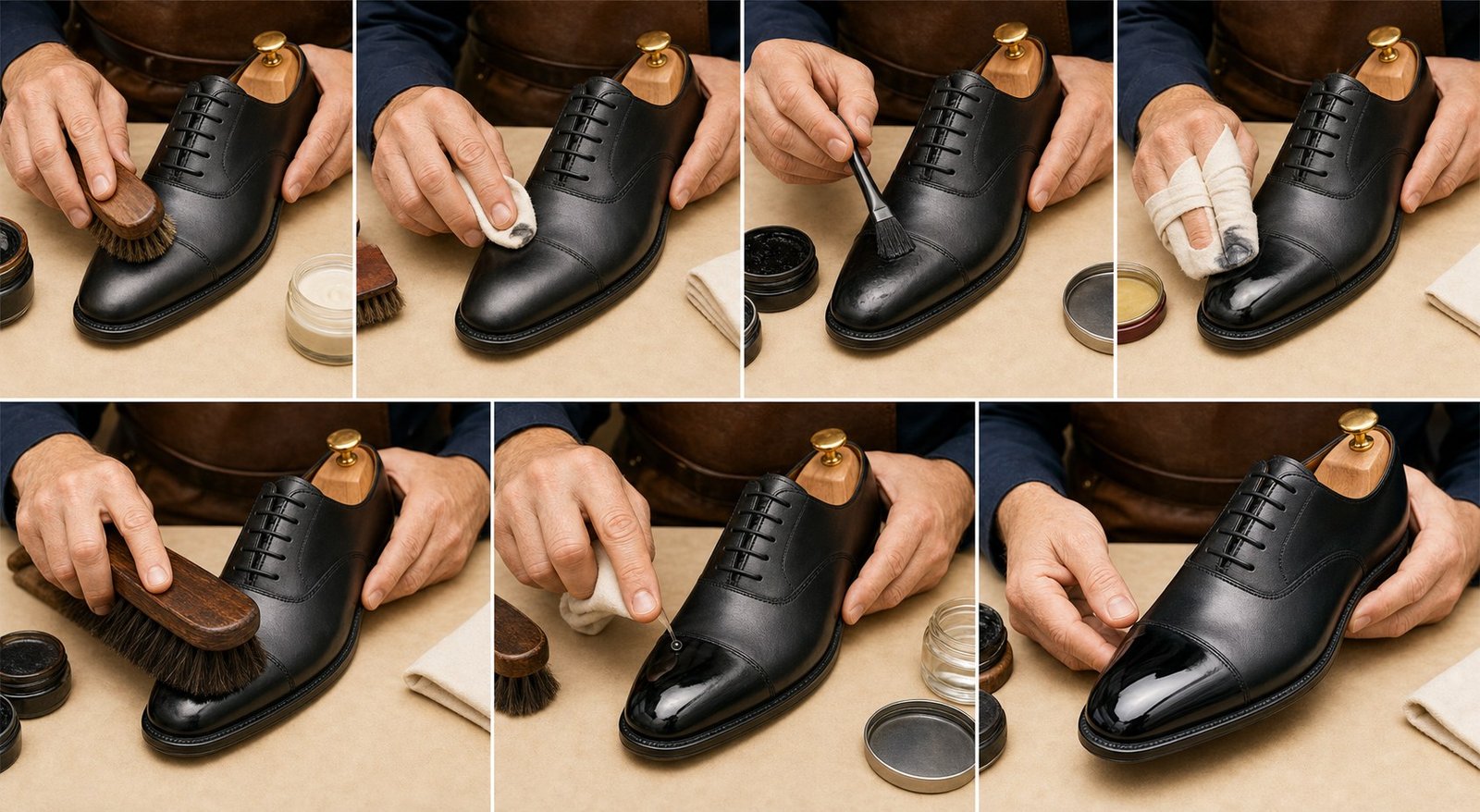 Hands cleaning, conditioning, applying cream and wax, buffing and finishing a mirror shine on a leather shoe