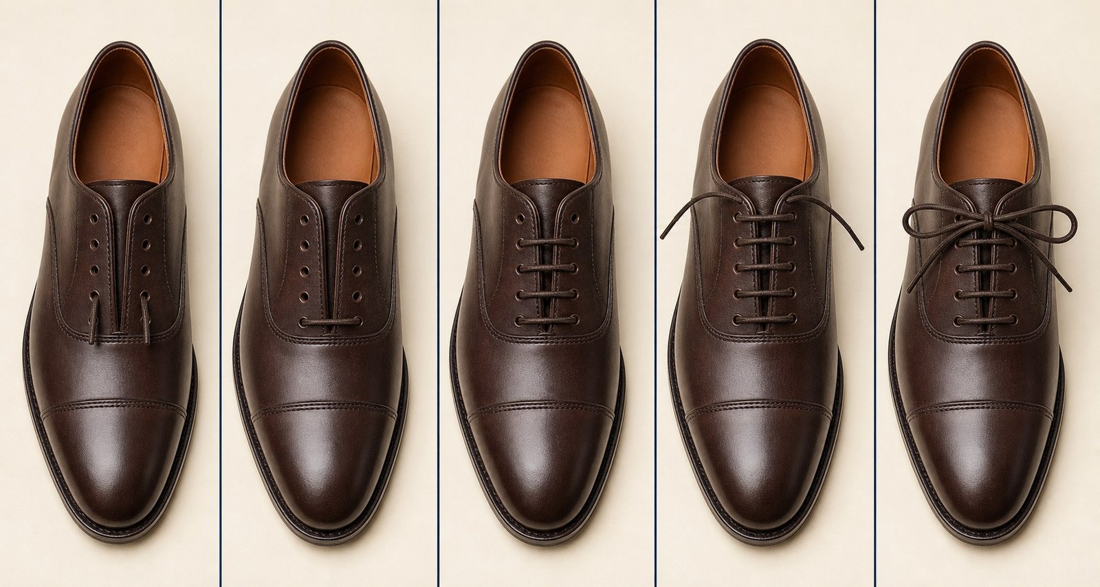 Five-panel overhead sequence showing straight-bar lacing progressing from empty eyelets to a balanced formal bow