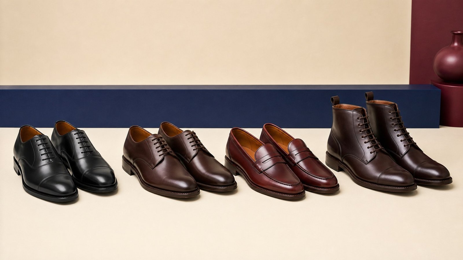 Oxford, Derby, loafer and boot styles arranged for visual comparison