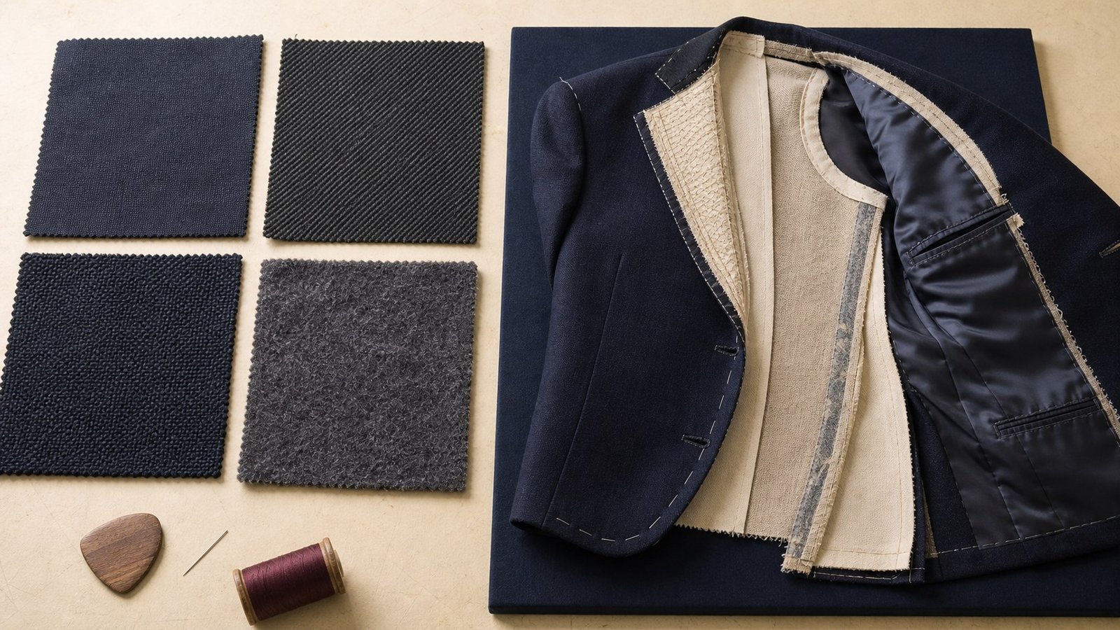 Wool, linen, cotton and cashmere tailoring swatches beside jacket construction layers