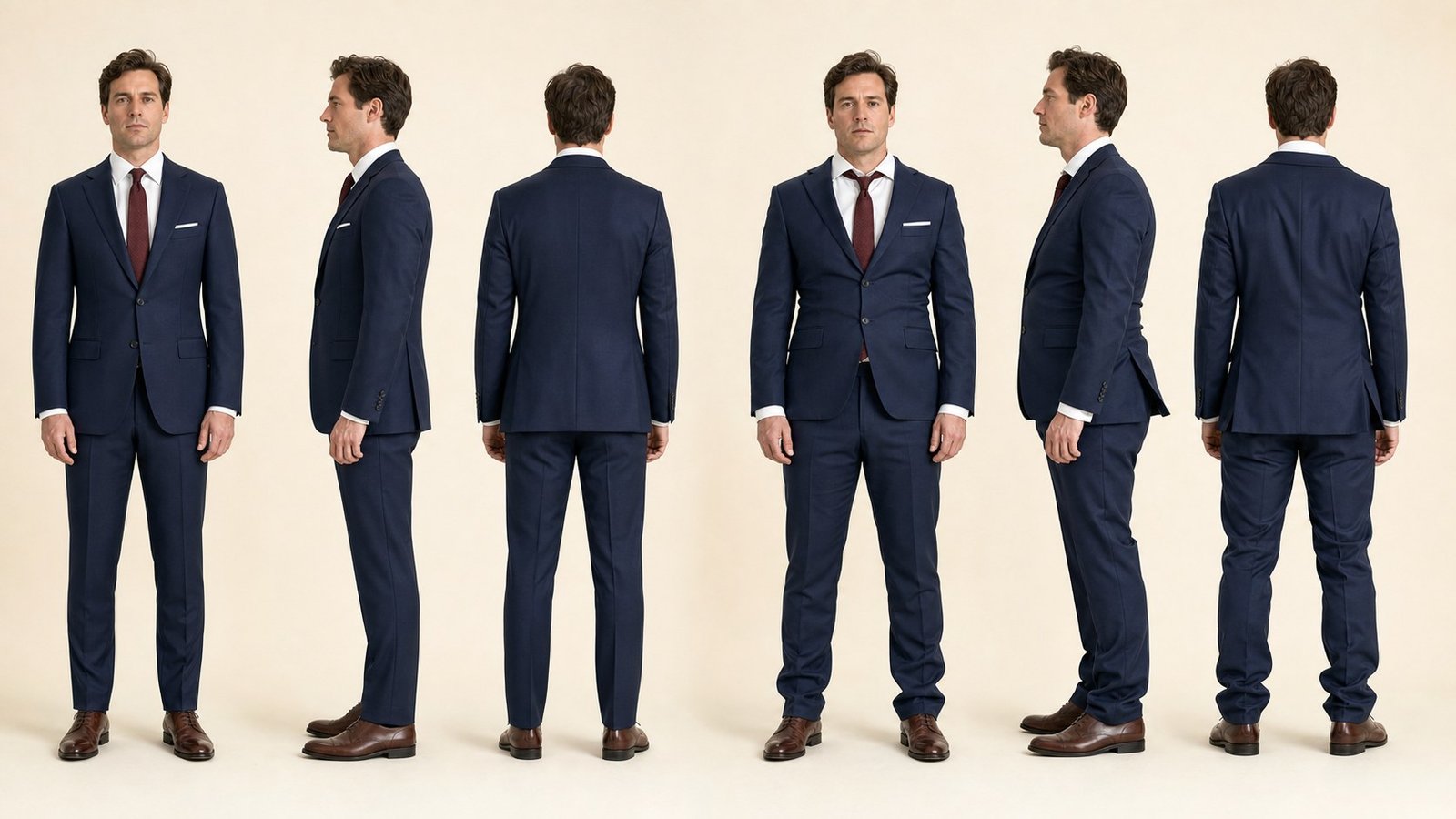 Front, side and back comparison of a cleanly balanced navy suit and common collar, waist and trouser-balance problems
