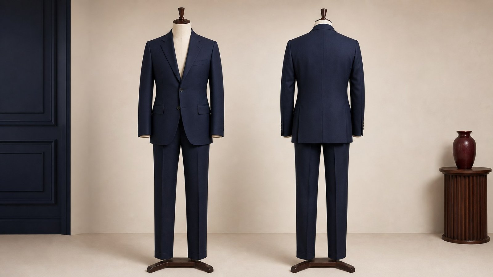 Front and back views of a navy bespoke suit on tailoring mannequins