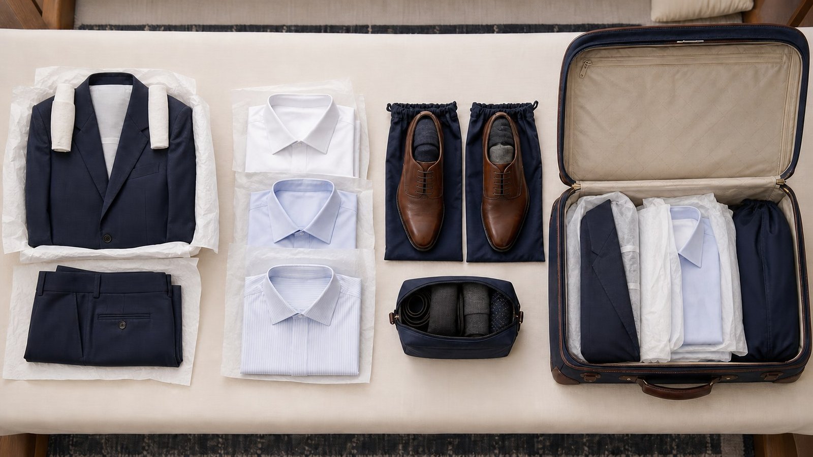 Overhead packing sequence protecting a navy suit, folded shirts and brown leather shoes before placing them in a suitcase