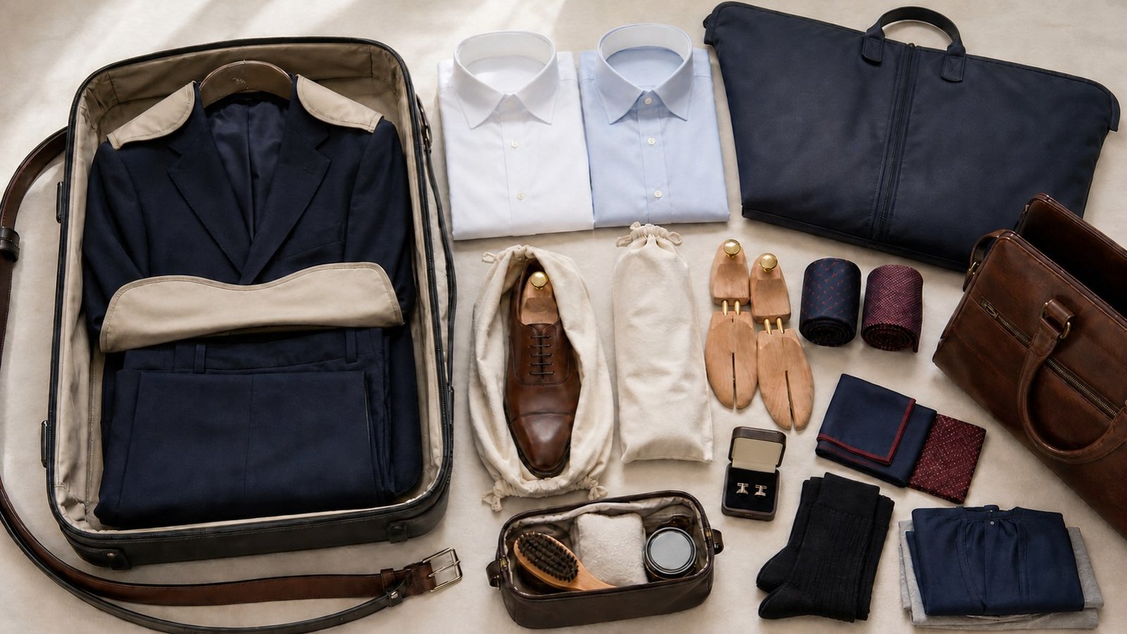 Business travel packing layout with a suit, dress shirts, shoes, garment bag, leather case and compact accessories