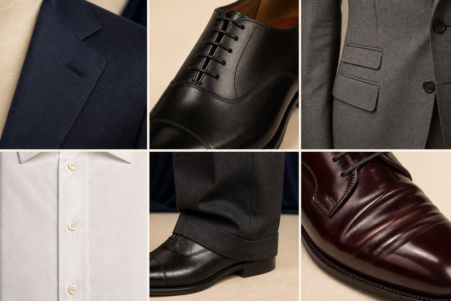 Close details illustrating lapel buttonhole, closed lacing, ticket pocket, shirt placket, trouser break and shell cordovan